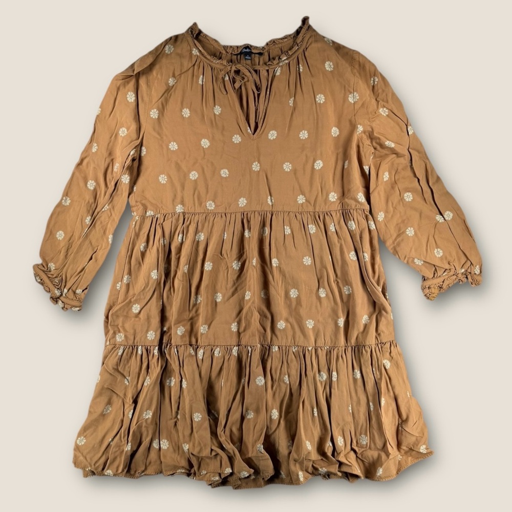 Madewell Dress Small Rust Floralâ Daisy Tiered Peasant Mini Long Sleeve Boho